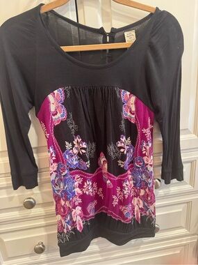 Free People Black Tunic with Purple & Blue Floral Panel